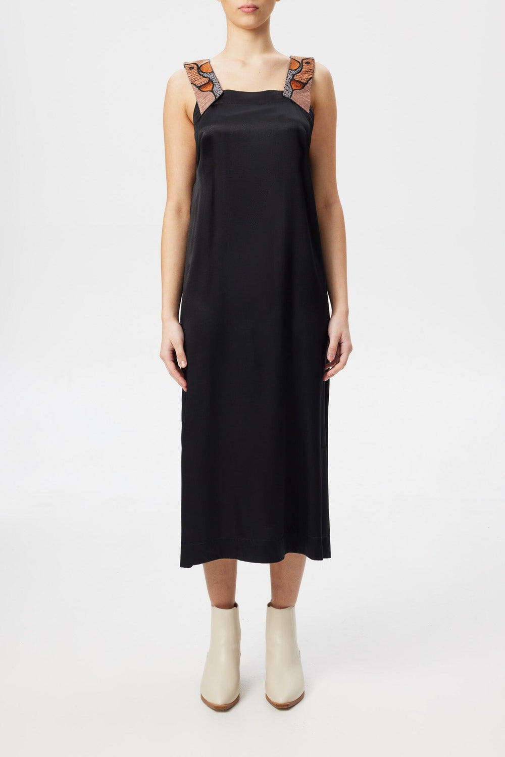 Black Silk Slip Dress with Embroidered Straps
