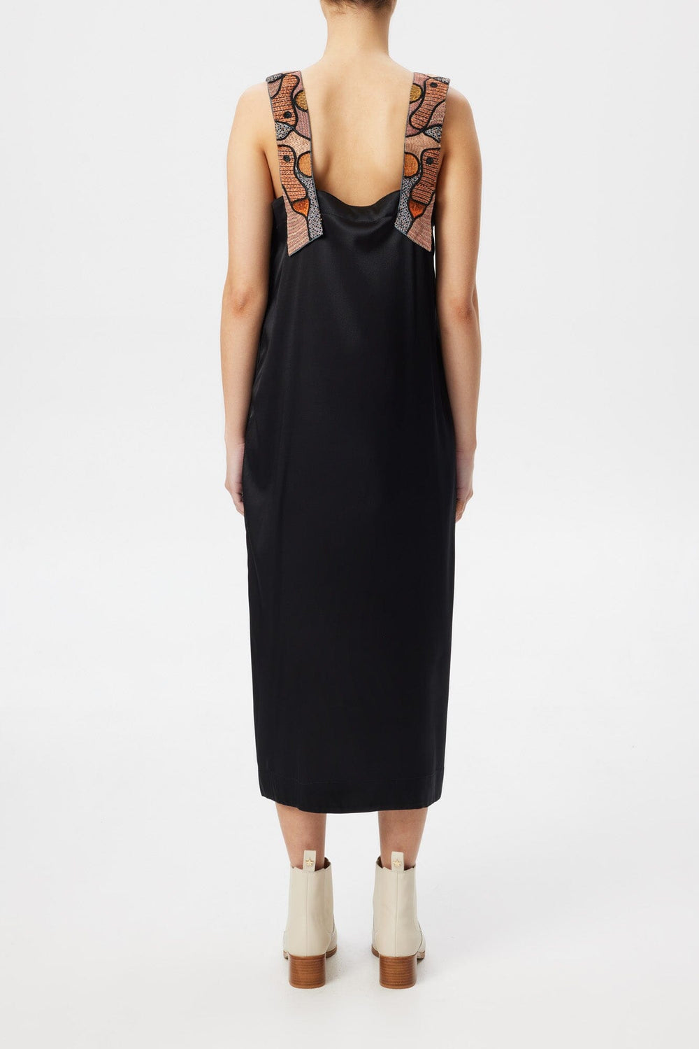 Black Silk Slip Dress with Embroidered Straps