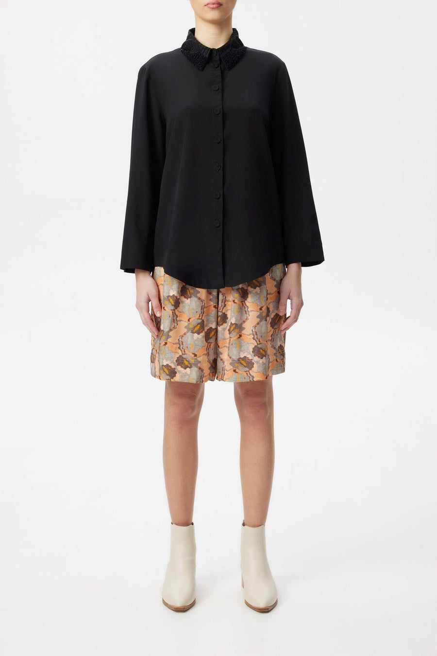 Black Bark LS Shirt with Embroidered Collar