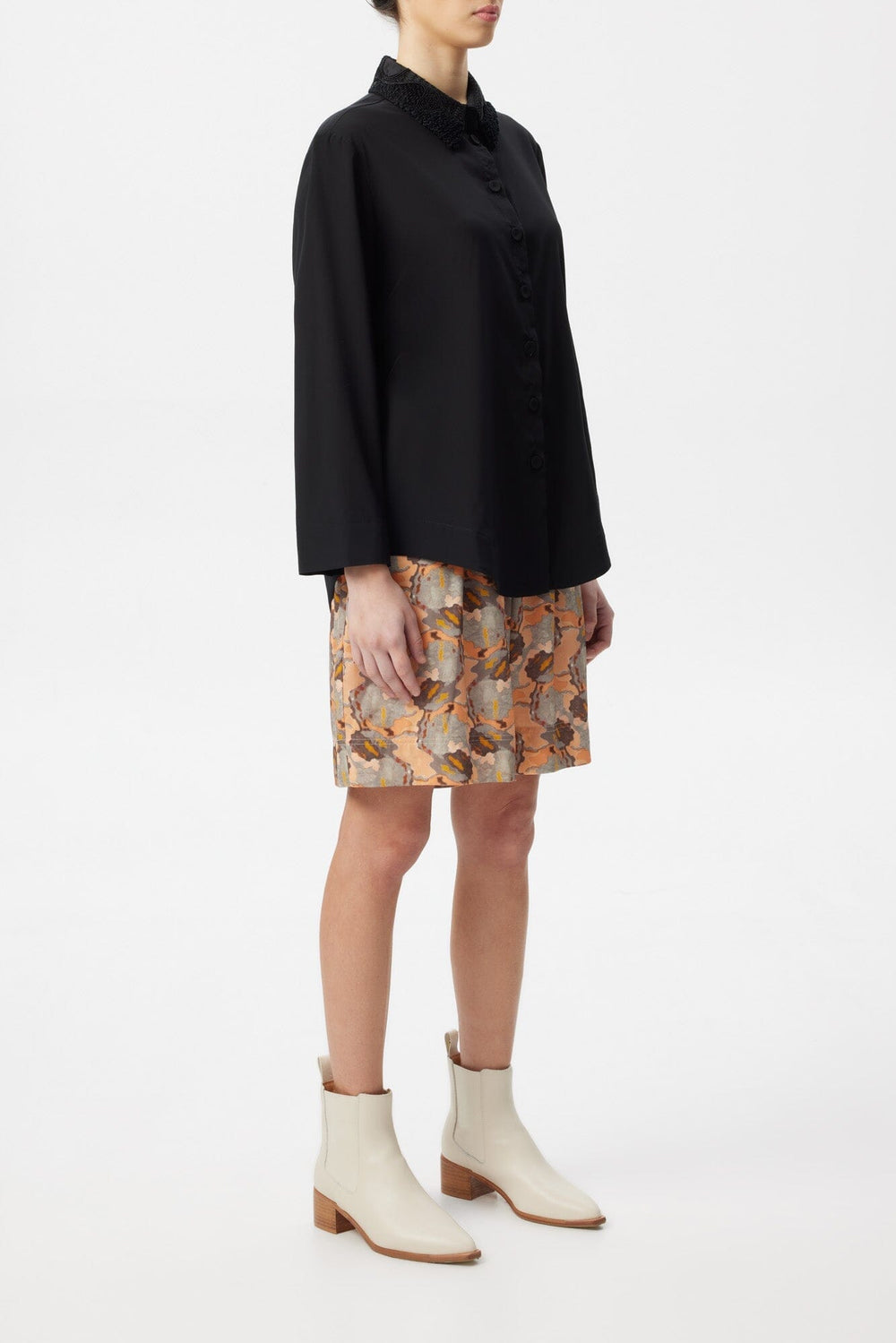 Black Bark LS Shirt with Embroidered Collar