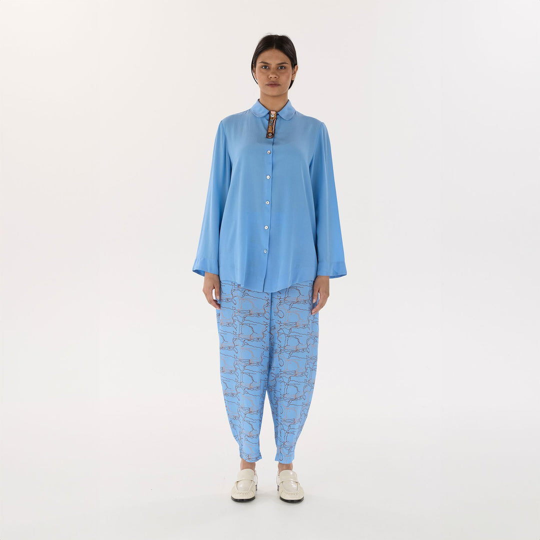 Blue Journey Barrel Leg Silk Pant