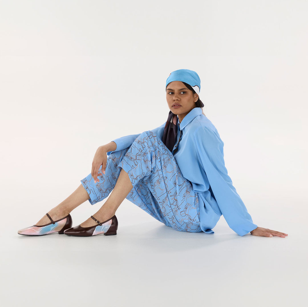 Blue Journey Barrel Leg Silk Pant