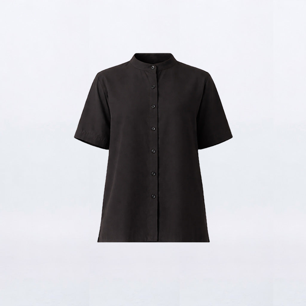 Silk Collarless Short Sleeve Shirt – Black