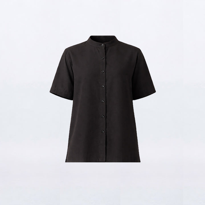 Silk Collarless Short Sleeve Shirt – Black