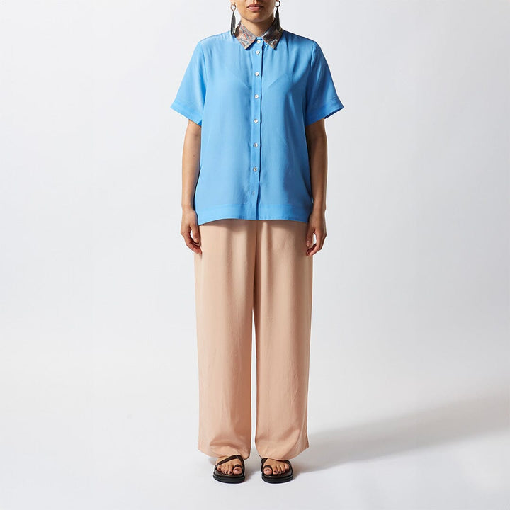 Embroidered Short Sleeve Silk Shirt- Sky