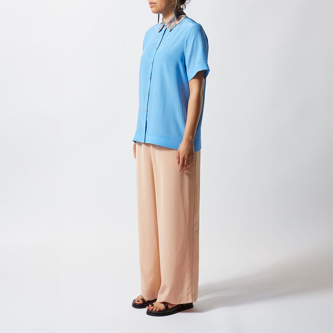 Embroidered Short Sleeve Silk Shirt- Sky