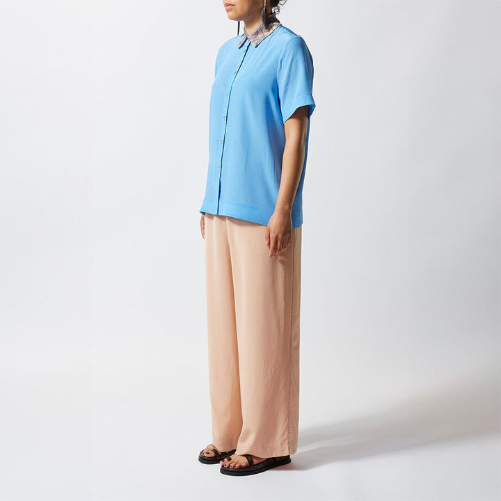 Embroidered Short Sleeve Silk Shirt- Sky