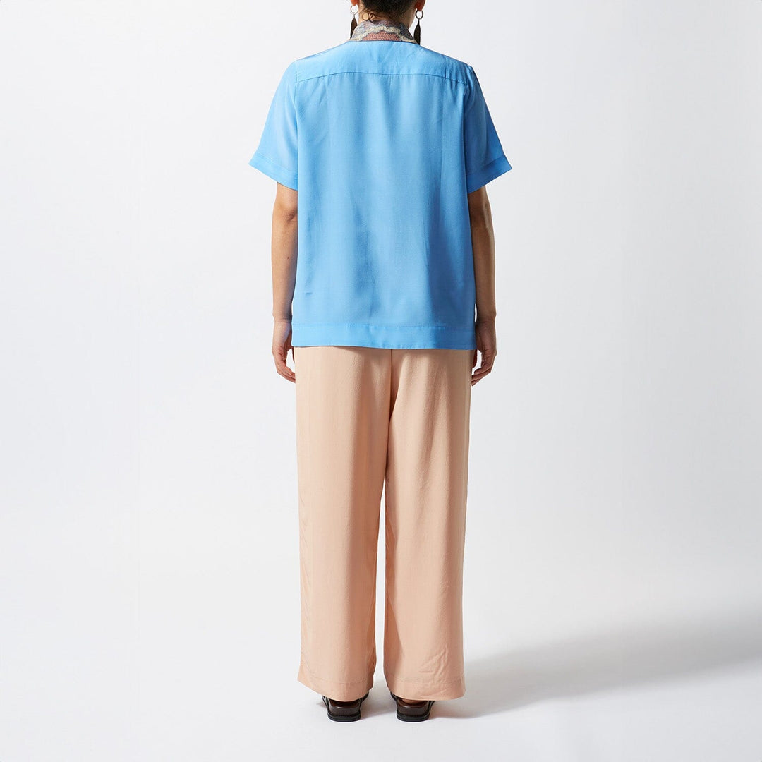 Embroidered Short Sleeve Silk Shirt- Sky