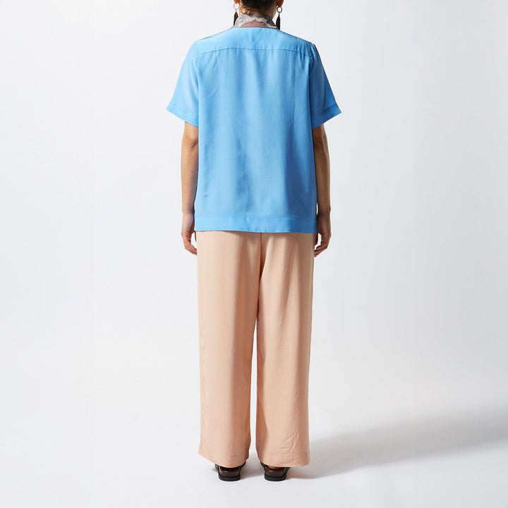 Embroidered Short Sleeve Silk Shirt- Sky