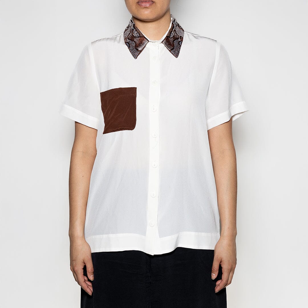 Embroidered Short Sleeve Silk Shirt - White/Brown