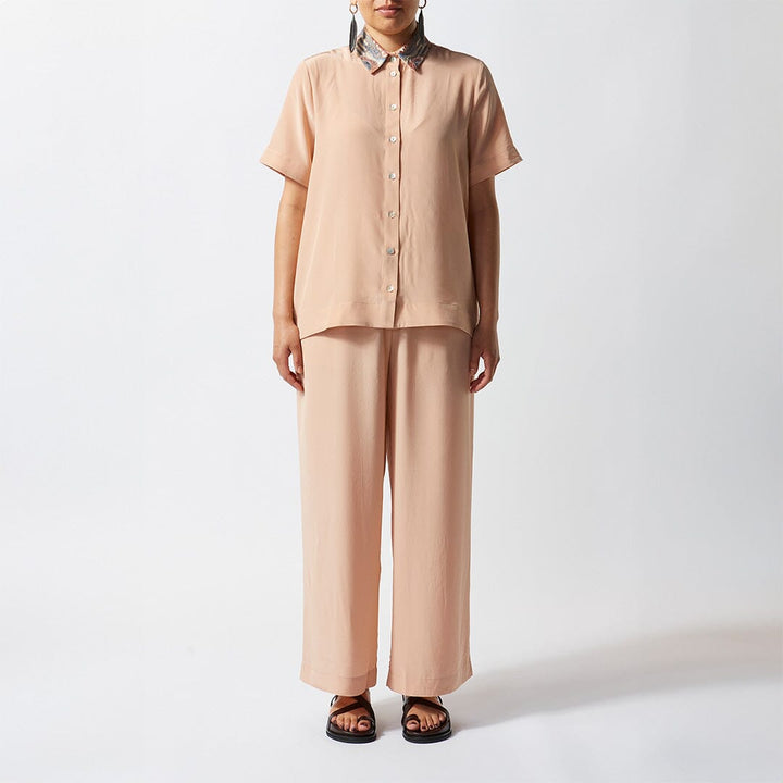 Embroidered Short Sleeve Silk Shirt - Light Mocha