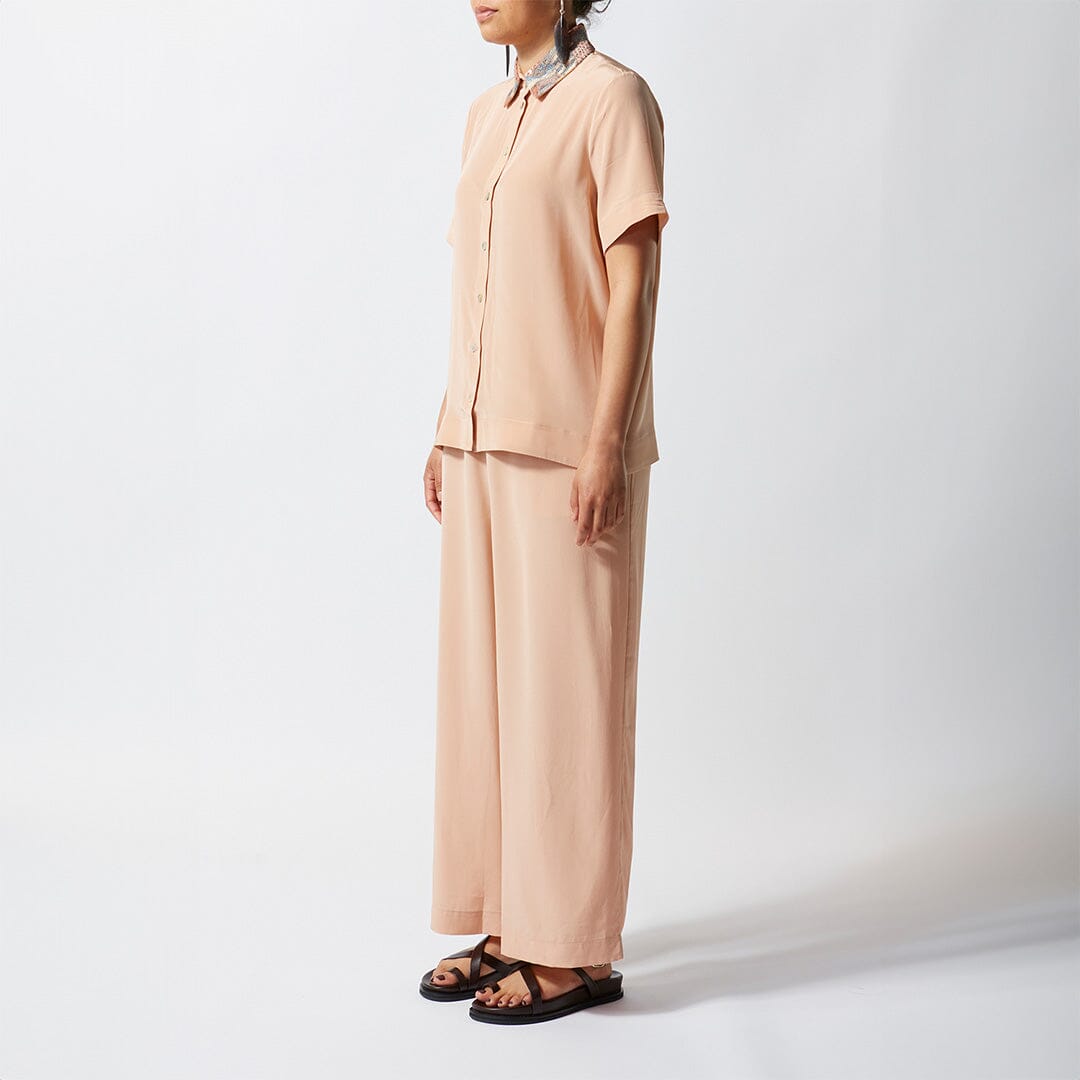 Embroidered Short Sleeve Silk Shirt - Light Mocha