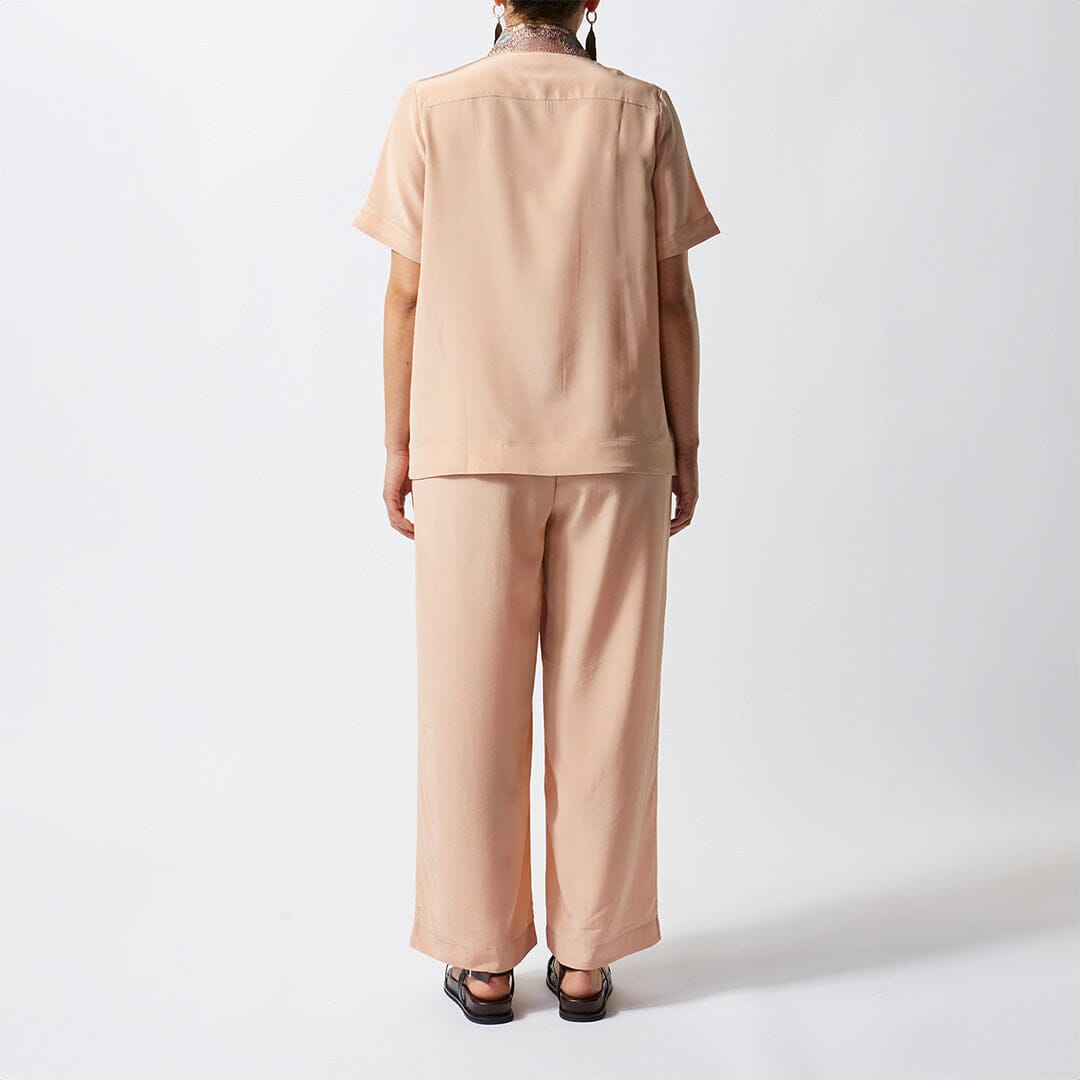 Embroidered Short Sleeve Silk Shirt - Light Mocha