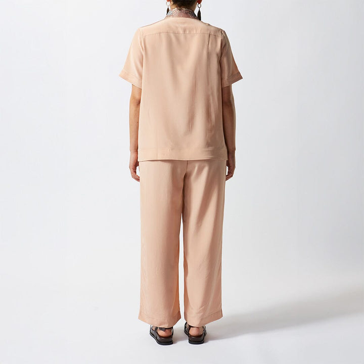 Embroidered Short Sleeve Silk Shirt - Light Mocha