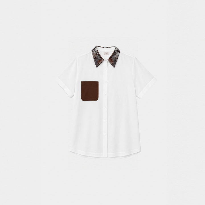Embroidered Short Sleeve Silk Shirt - White/Brown