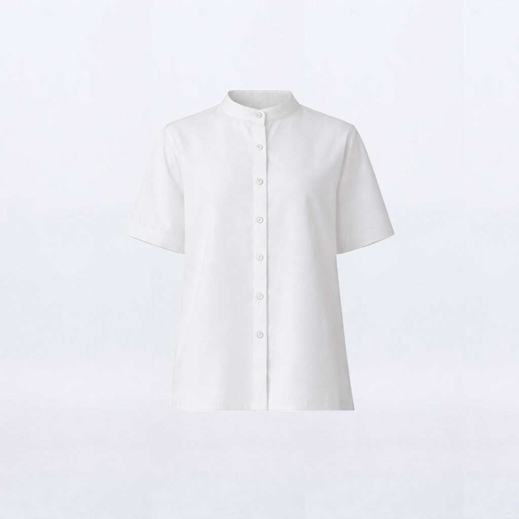 Silk Collarless Short Sleeve Shirt – White