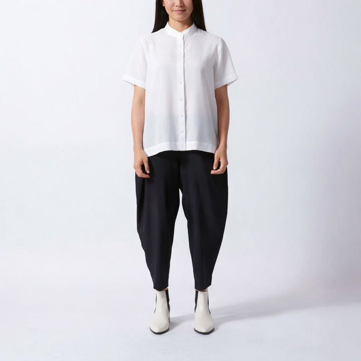 Silk Collarless Short Sleeve Shirt – White