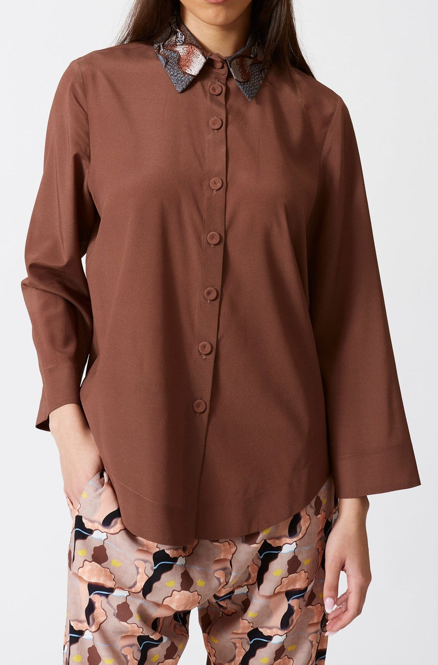 Brown Bark LS Shirt with Embroidered Collar