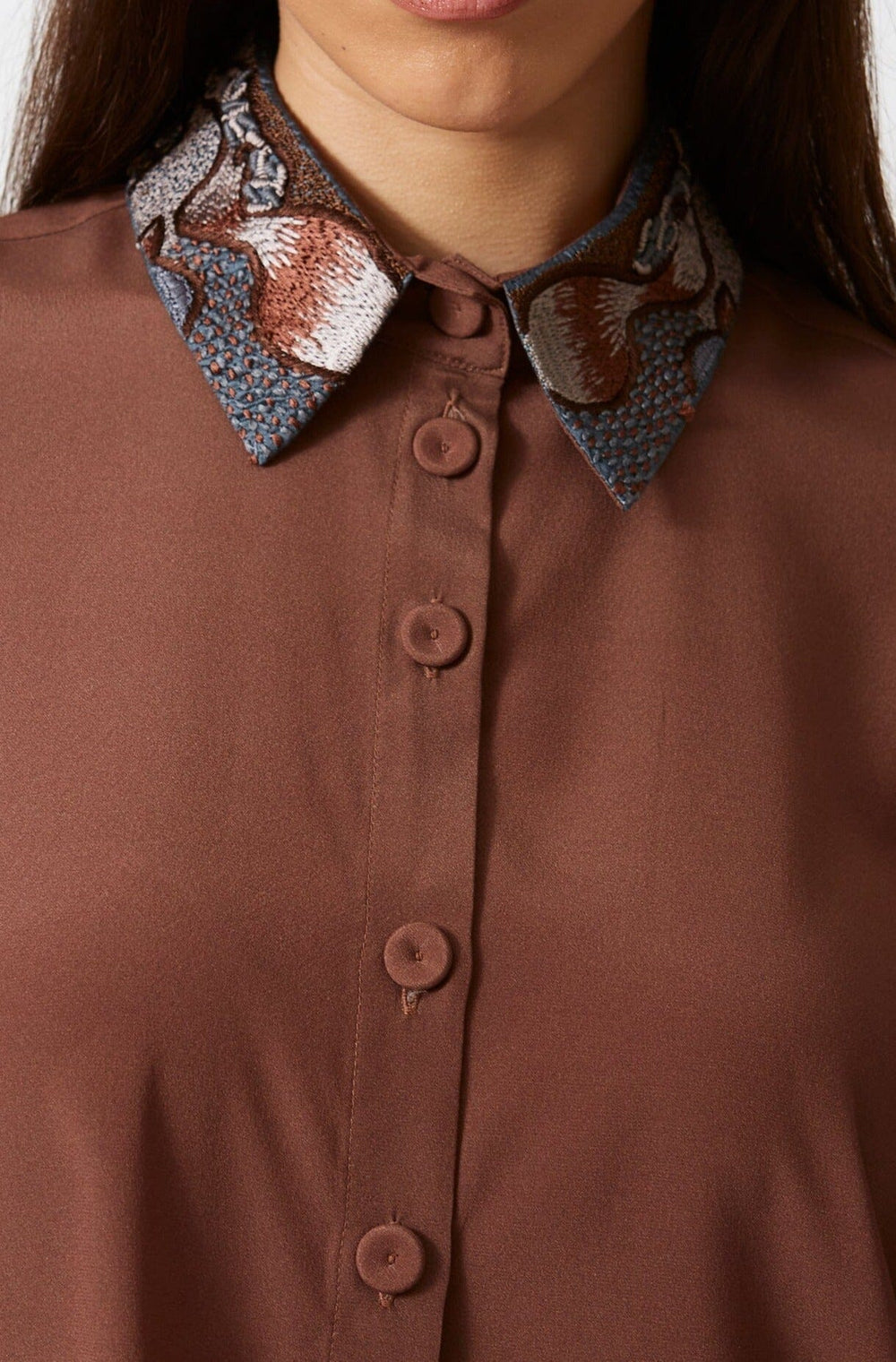 Brown Bark LS Shirt with Embroidered Collar